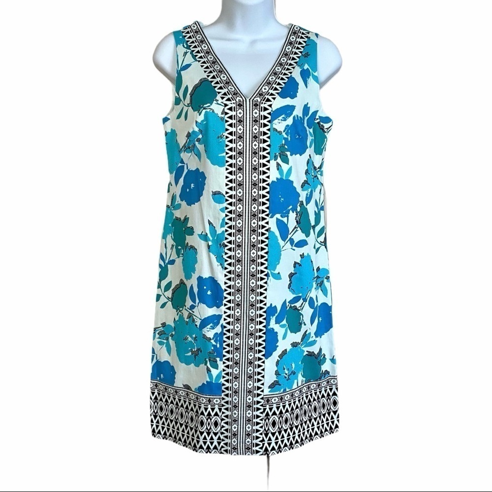 London Times Blue V-neck Sleeveless Dress Sz 4 Cotton Floral